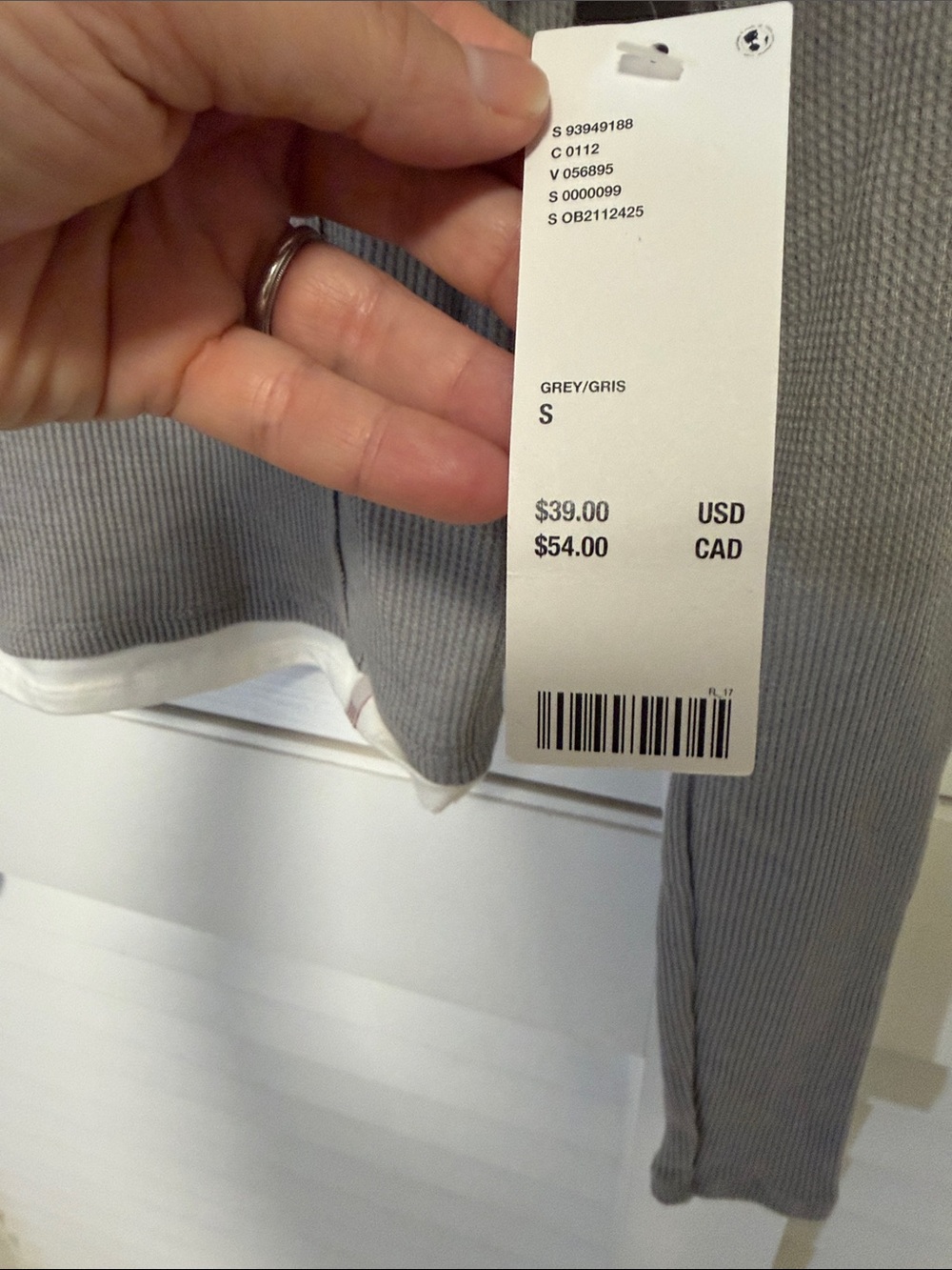 BDG Grey Long Sleeve Layered V-Neck Thermal Top with White Trim - Picture 3 of 6